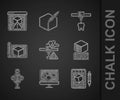 Set 3D printer warning, software, Sketch on paper, services, scanner, Graphing for engineering, tooth and icon. Vector
