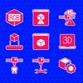 Set 3D printer, wrench spanner, Isometric cube, tooth, warning and RGB and CMYK color mixing icon. Vector