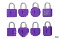 Set Of 3D Purple Padlock Icons Isolated On White Background. Minimal Lock Icon.