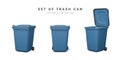 Set of 3d realistic blue trash cans isolated on white background. Vector illustration Royalty Free Stock Photo