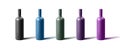 Set 3d realistic bottles of wine, different dark monochrome colours, wrapped glass bottle