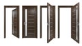 Set of 3D realistic doors with vertical glass stripe and horisontal wooden planks. High resolution texture of dark brown wood