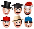 Set of 3D Realistic Face Head of Man Collections of Hats