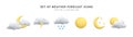 Set of 3d realistic forecast weather icons isolated on white background. Sun, moon, star, lightning, cloud, rain drops in cartoon Royalty Free Stock Photo