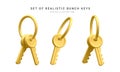 Set of 3d realistic golden bunch of keys isolated in withe background. Vector illustration