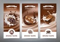 Set of 3D realistic illustrations, banners with splashes of melted chocolate and milk Royalty Free Stock Photo