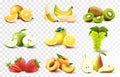 Set of 3d realistic juicy fruits apple, banana, orange, lemon, grapes., peach, strawberry, pear, kiwi. Whole and halved fruits, Royalty Free Stock Photo