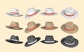 Set of 3D realistic mens hat. Summer hat. Summertime object. Vector illustration