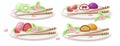 Set of 3d realistic plates with Japanese multi-colored dessert Daifuku Mochi with strawberry, orange and kiwi. a whole and half a