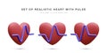 Set of 3d realistic red heart with blue pulse for medical apps and websites. Medical healthcare concept. Heart pulse, heartbeat Royalty Free Stock Photo