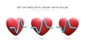 Set of 3d realistic red heart with blue pulse for medical apps and websites. Medical healthcare concept. Heart pulse, heartbeat Royalty Free Stock Photo