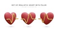 Set of 3d realistic red heart with yellow pulse for medical apps and websites. Medical healthcare concept. Heart pulse, heartbeat Royalty Free Stock Photo