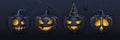 Set of 3D realistic scary and funny halloween pumpkin faces. Halloween background.