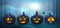 Set of 3D realistic scary and funny halloween pumpkin faces in wild night forest. Halloween  background. Royalty Free Stock Photo