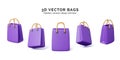 Set of 3D realistic shopping bags. Fashion purple handbag with yellow handles. Market package template Royalty Free Stock Photo