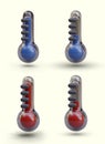 Set of 3D red and blue thermometers with different indicators. Cold and hot Royalty Free Stock Photo