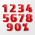 Set of 3D red numbers sign. 3D number symbol with percent discount design isolated Royalty Free Stock Photo