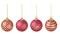 Set of 3D render Christmas toys. Top view. Red and gold Christmas balls on a golden ribbon. Festive decoration of Royalty Free Stock Photo
