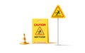 set of 3d render illustration of yellow plastic wet floor sign, slippery surface street sign with plastic cone