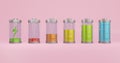 Set 3d render of lithium batteries with colorful charging level on pink background. illustration 3d rendering of electrical energy