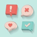 Set of 3d render speech bubbles. Cancellation icon, confirmed sign, like, exclamation. Survey reaction 3d icon. Vector