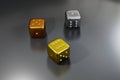 Set of 3D rendered golden, silver and bronze dice cubes. Lucky number. Games Royalty Free Stock Photo