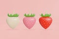 Set of 3d rendering of white, pink and red strawberry with green leaves on light pink background. 3d fruit concept Royalty Free Stock Photo