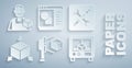 Set 3D scanner with cube, printer setting, Isometric, software and Graphic designer icon. Vector