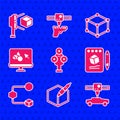 Set 3D scanner, 3d pen tool, printer car, Sketch on paper, Isometric cube, software, and with icon. Vector