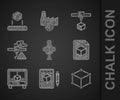 Set 3D scanner, Sketch on paper, Isometric cube, file, printer, warning, and icon. Vector