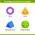 Set 3D shapes vocabulary in english with their name clip art collection for child learning, colorful geometric shapes flash card