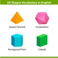 Set 3D shapes vocabulary in english with their name clip art collection for child learning, colorful geometric shapes flash card