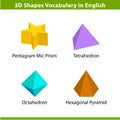 Set 3D shapes vocabulary in english with their name clip art collection for child learning, colorful geometric shapes flash card