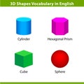 Set 3D shapes vocabulary in english with their name clip art collection for child learning, colorful geometric shapes flash card