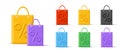 Set of 3d shopping bags with convex big percent sign, colorful plastic mono chrome objects