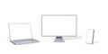 Set of 3D silver computer devices for banner design. Mock up of laptop, PC monitor, smartphone with empty white screen Royalty Free Stock Photo