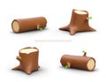 Set of 3D stumps and logs in plasticine style. Tree trunks with brown bark and knots