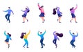 Set of 2D Teens listening to music with headphones, dance to music, rejoice, love music, mobile app