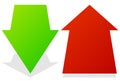 Set of 3d up down arrows in perspective. Green, red arrows.