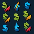 Set of 3d vector blue and green dollar signs with different arrows. Business success and wealth idea symbols collection isolated. Royalty Free Stock Photo