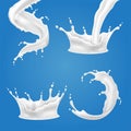 Set of 3D vector illustrations milk splash and pouring, realistic natural dairy products, yogurt or cream