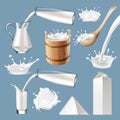 Set of 3D vector milk splash and pouring Royalty Free Stock Photo