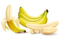 Set of 3d vector realistic illustration bananas. Banana,half peeled banana,bunch of bananas, pieces and slices of banana isolated Royalty Free Stock Photo