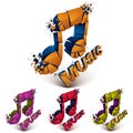 Set of 3d vector shattered musical notes with music word. Art me