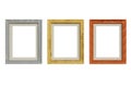 Set of 3d vintage photo frames on the wall. 3d illustration. Realistic gold, silver and black rusty picture boxes. square blank Royalty Free Stock Photo