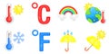 A set of 3D weather icons for weather forecast applications. Vector symbols for sun, rainbow, clouds, rain, umbrella, and snow. Royalty Free Stock Photo