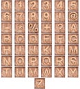 Set of 3D wooden English alphabet letters and Numbers from zero to nine isolated on white background. Royalty Free Stock Photo