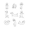 Set Dachshund practices yoga and meditates. Vector doodle