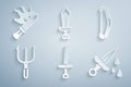 Set Dagger, Medieval bow, Neptune Trident, Sword with blood, for game and icon. Vector