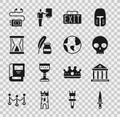 Set Dagger, Museum building, Human skull, Exit sign, Feather and inkwell, Old hourglass with sand, audio guide and Earth